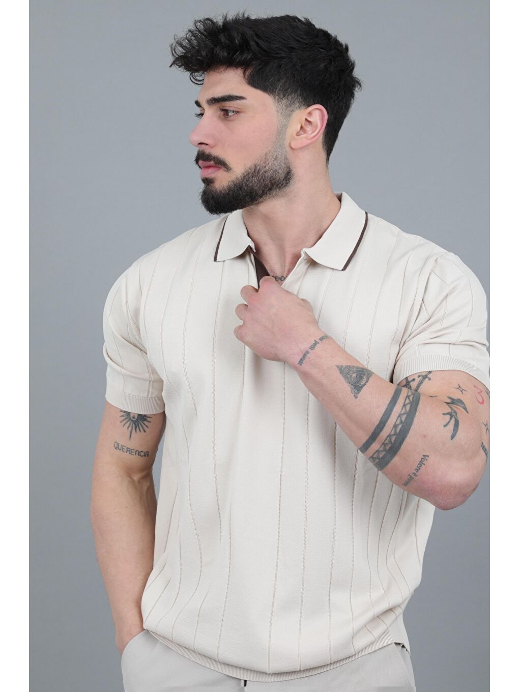 Bej Apaç Yaka Çizgi Desen Tişört JRX 1003_30496-2