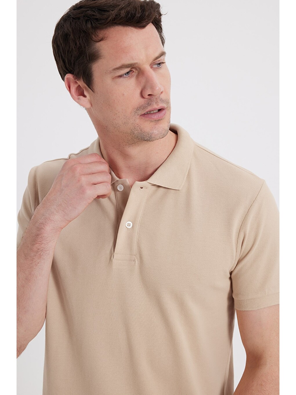 Erkek Slim Fit Dar Kesim %100 Pamuk Kısa Kollu Polo Yaka Ekru Tişört-1