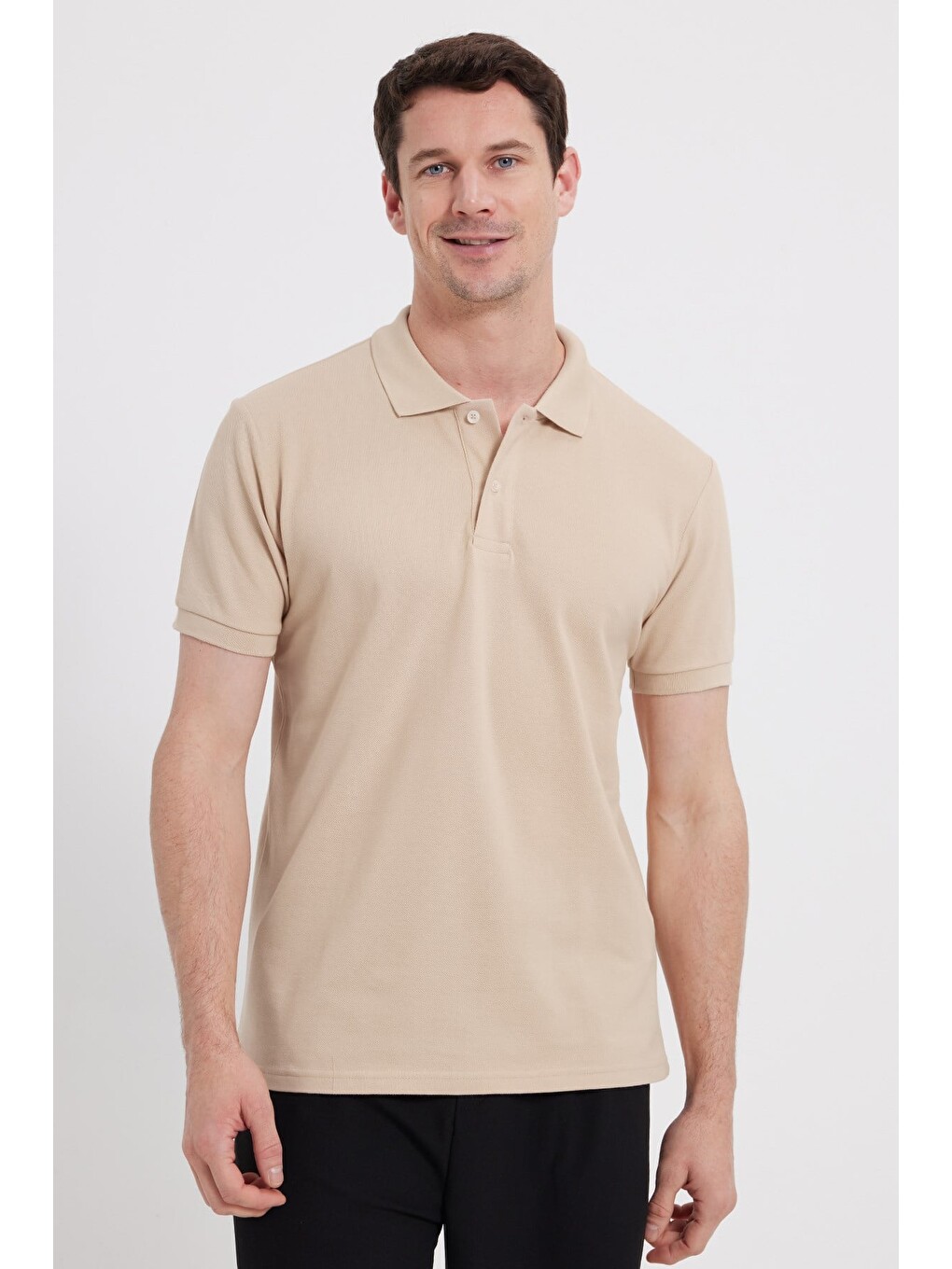 Erkek Slim Fit Dar Kesim %100 Pamuk Kısa Kollu Polo Yaka Ekru Tişört-2