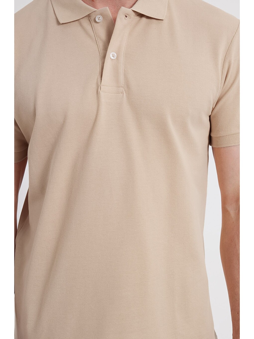 Erkek Slim Fit Dar Kesim %100 Pamuk Kısa Kollu Polo Yaka Ekru Tişört-3