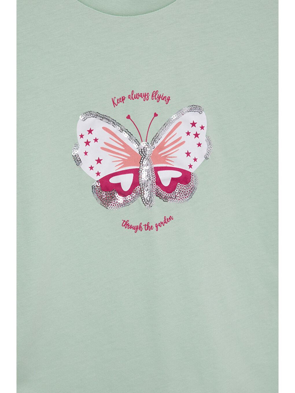 Yeşil Kelebek Baskılı Payetli Kız Çocuk Tişört 20999-1