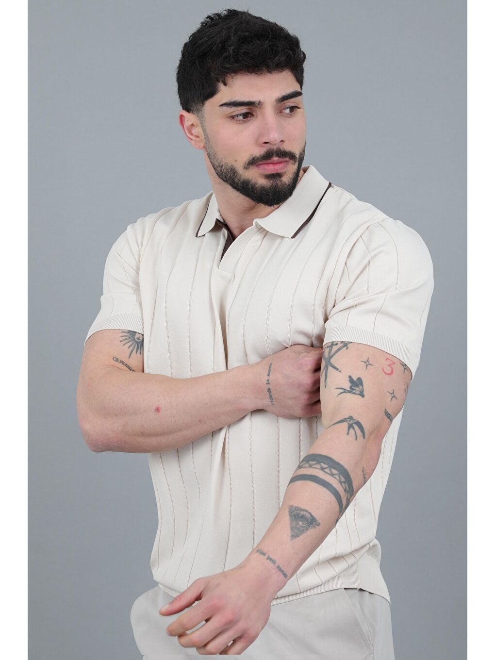 Bej Apaç Yaka Çizgi Desen Tişört JRX 1003_30496-3