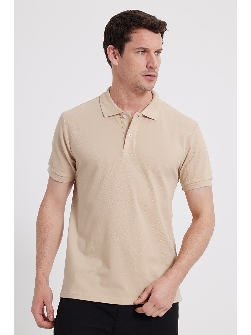 Erkek Slim Fit Dar Kesim %100 Pamuk Kısa Kollu Polo Yaka Ekru Tişört-6