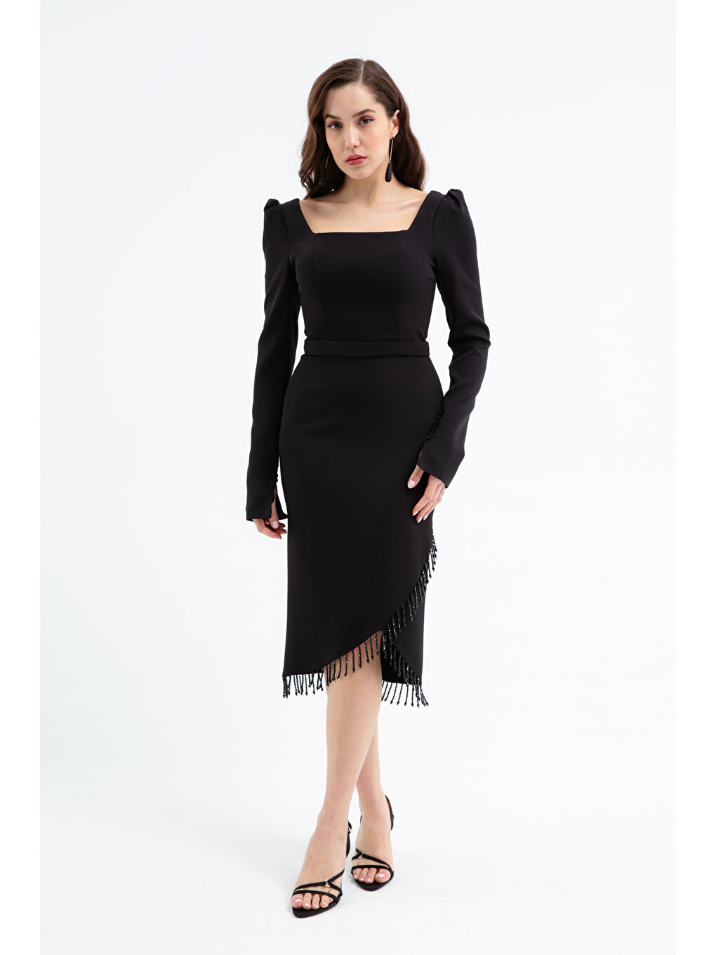 Kadın Siyah Taş Detaylı Uzun Kol Söz Nişan Nikah Abiye Elbise