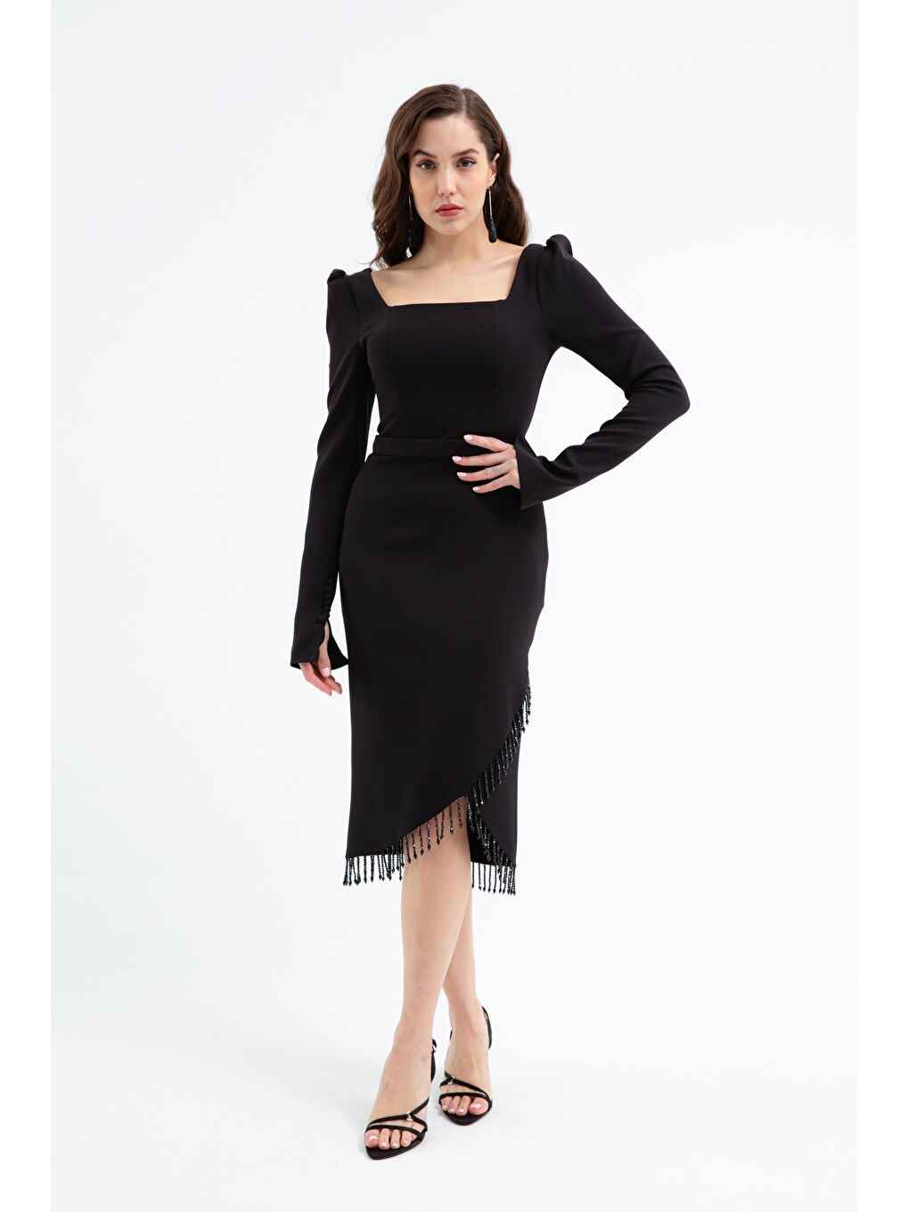 Kadın Siyah Taş Detaylı Uzun Kol Söz Nişan Nikah Abiye Elbise-1