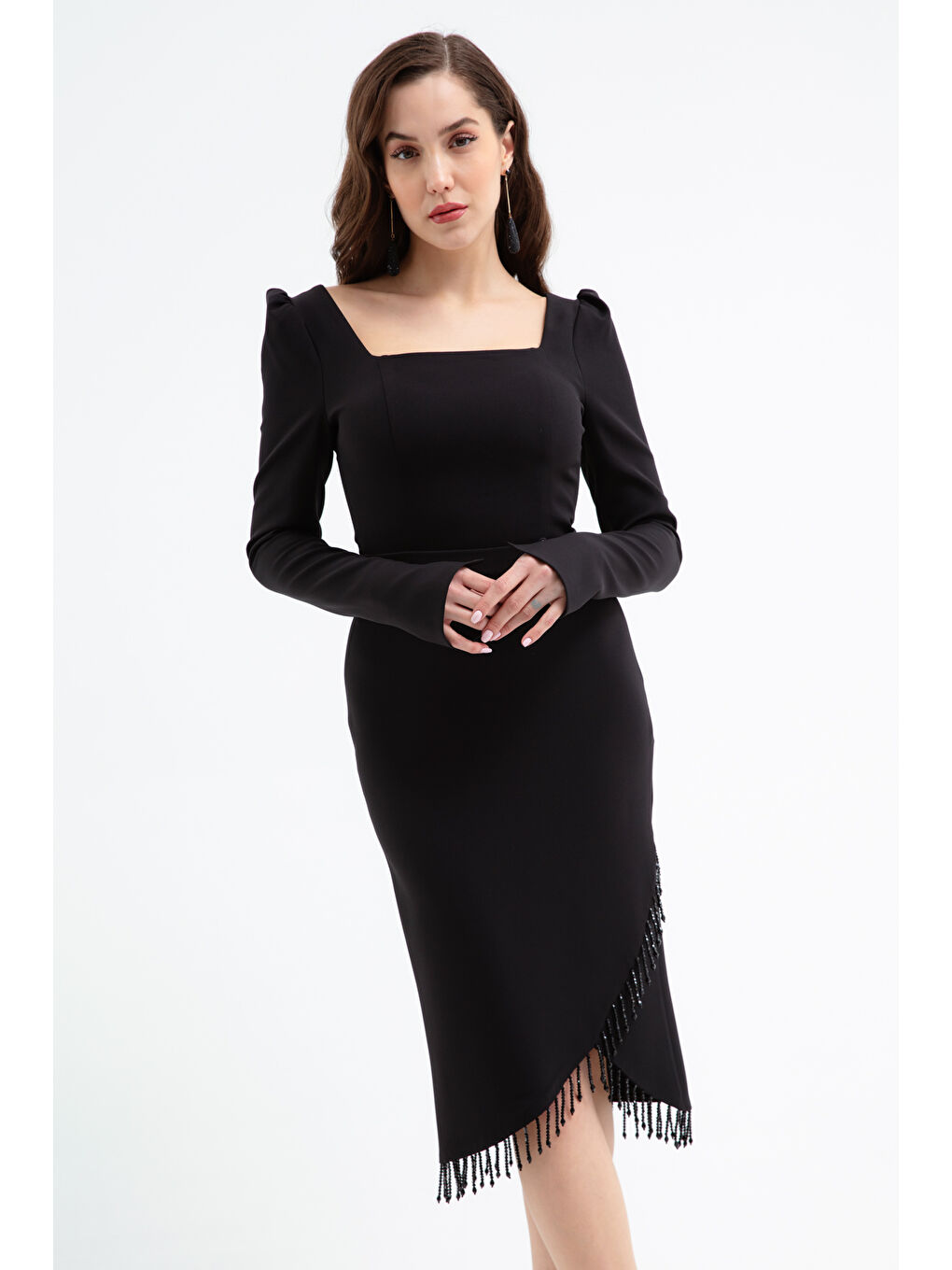 Kadın Siyah Taş Detaylı Uzun Kol Söz Nişan Nikah Abiye Elbise-2