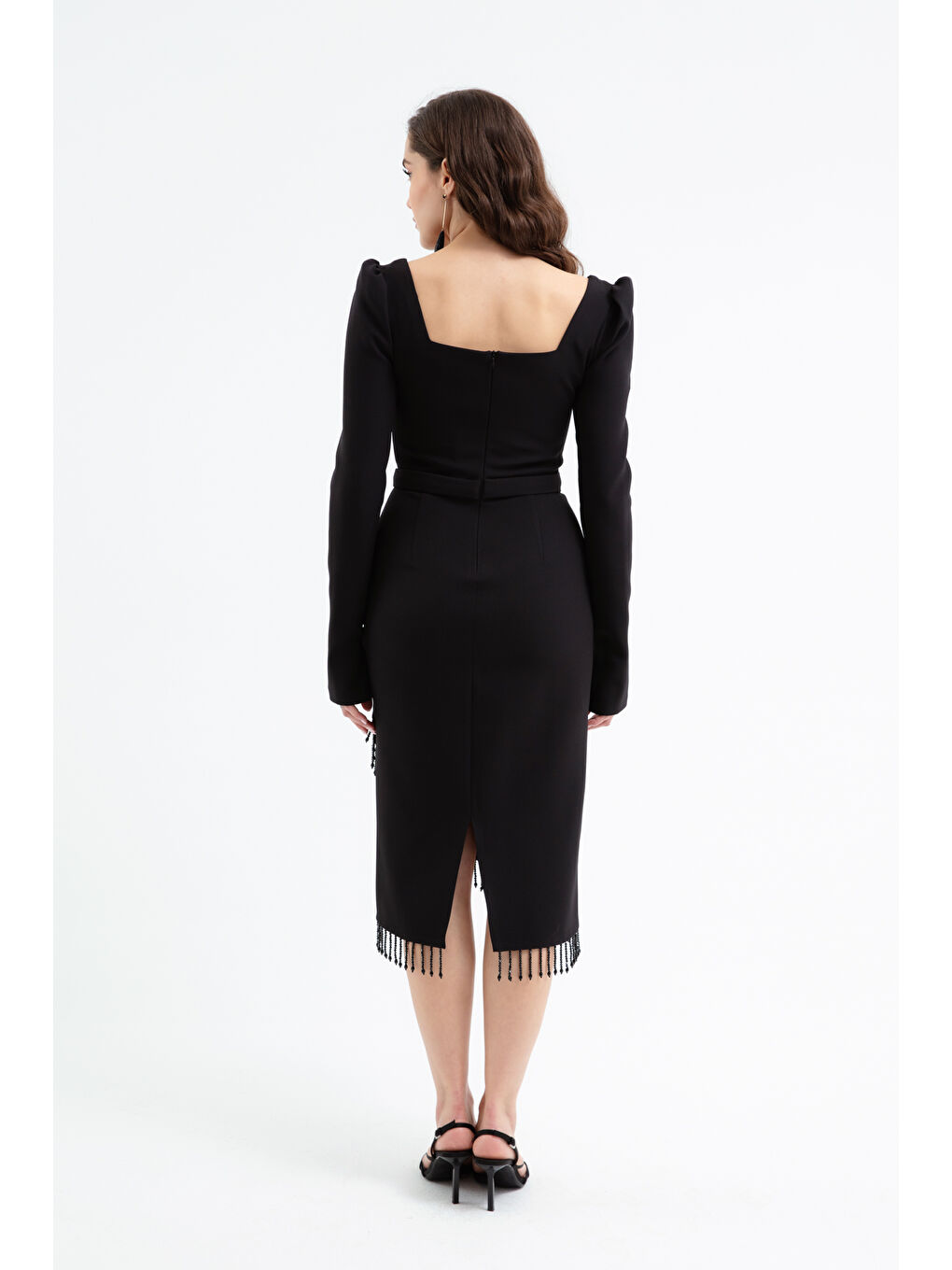 Kadın Siyah Taş Detaylı Uzun Kol Söz Nişan Nikah Abiye Elbise-4