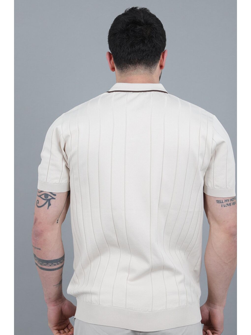 Bej Apaç Yaka Çizgi Desen Tişört JRX 1003_30496-6