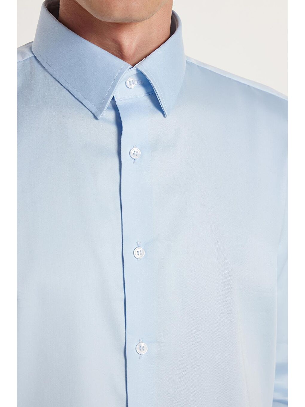 Erkek Slim Fit  Premium Elastanlı Pamuk Saten Açık Mavi Gömlek-2