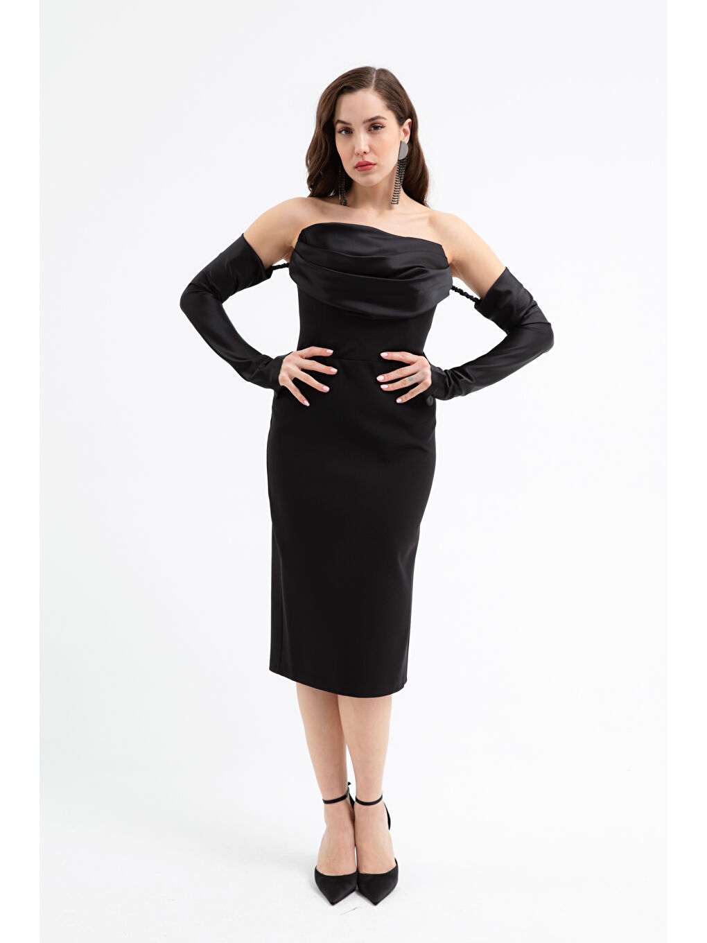 Kadın Siyah Yaka Detaylı Abiye Elbise-2