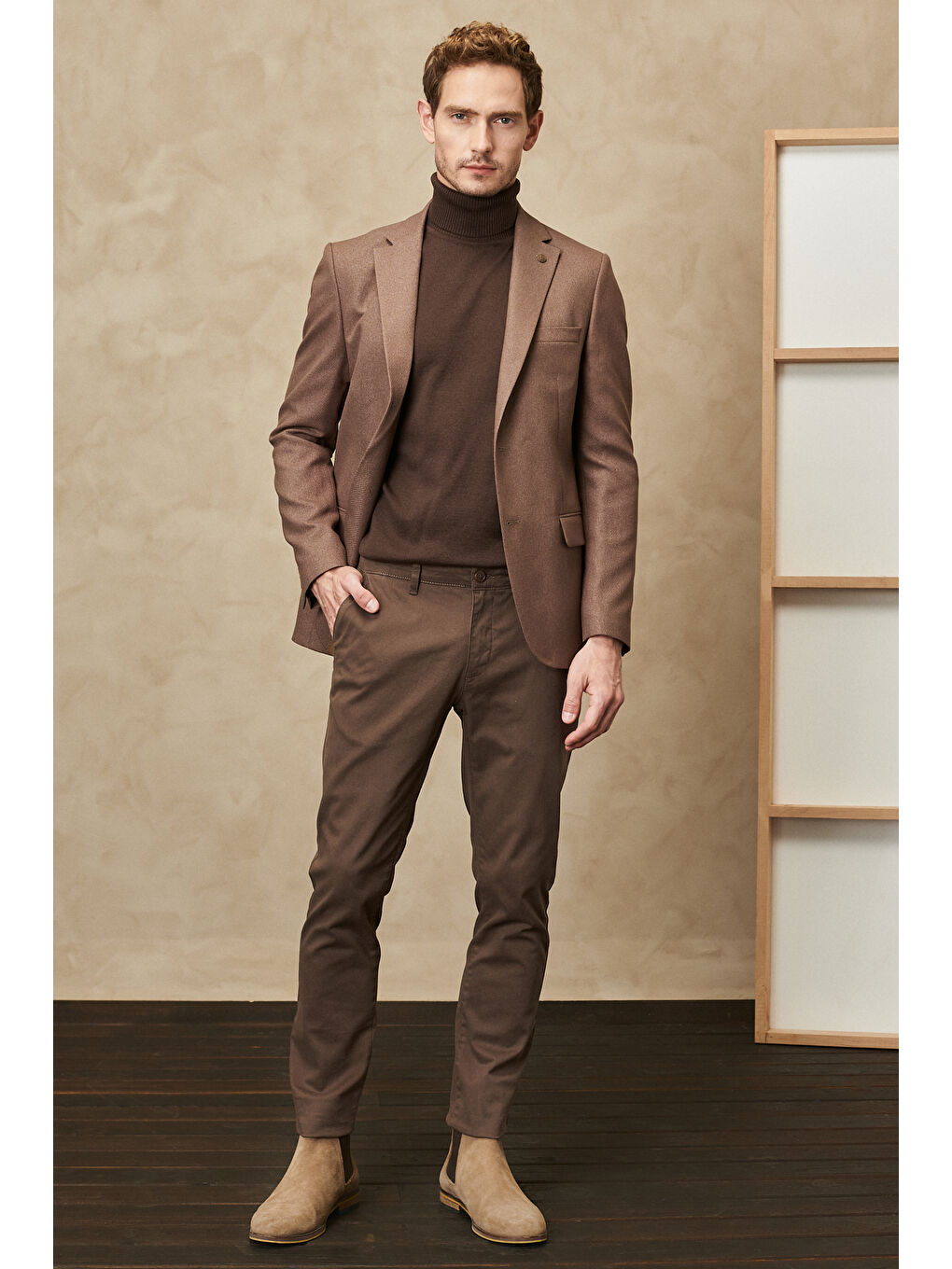 Erkek Kahverengi Slim Fit Dar Kesim Mono Yaka Diyagonal Desenli Ceket-1