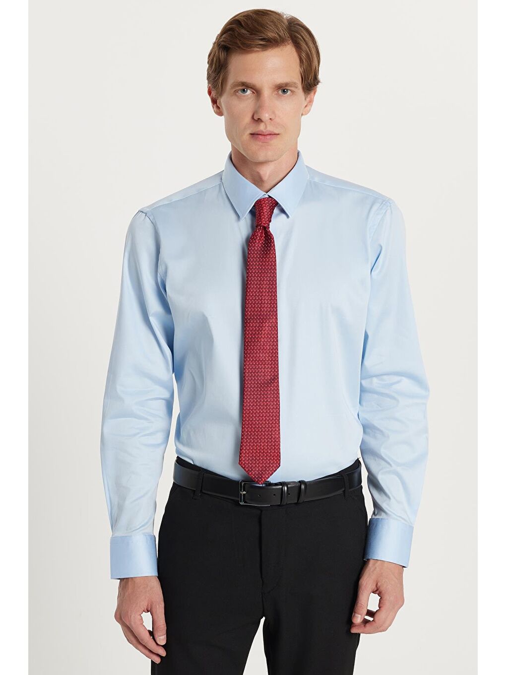 Erkek Slim Fit  Premium Elastanlı Pamuk Saten Açık Mavi Gömlek-3