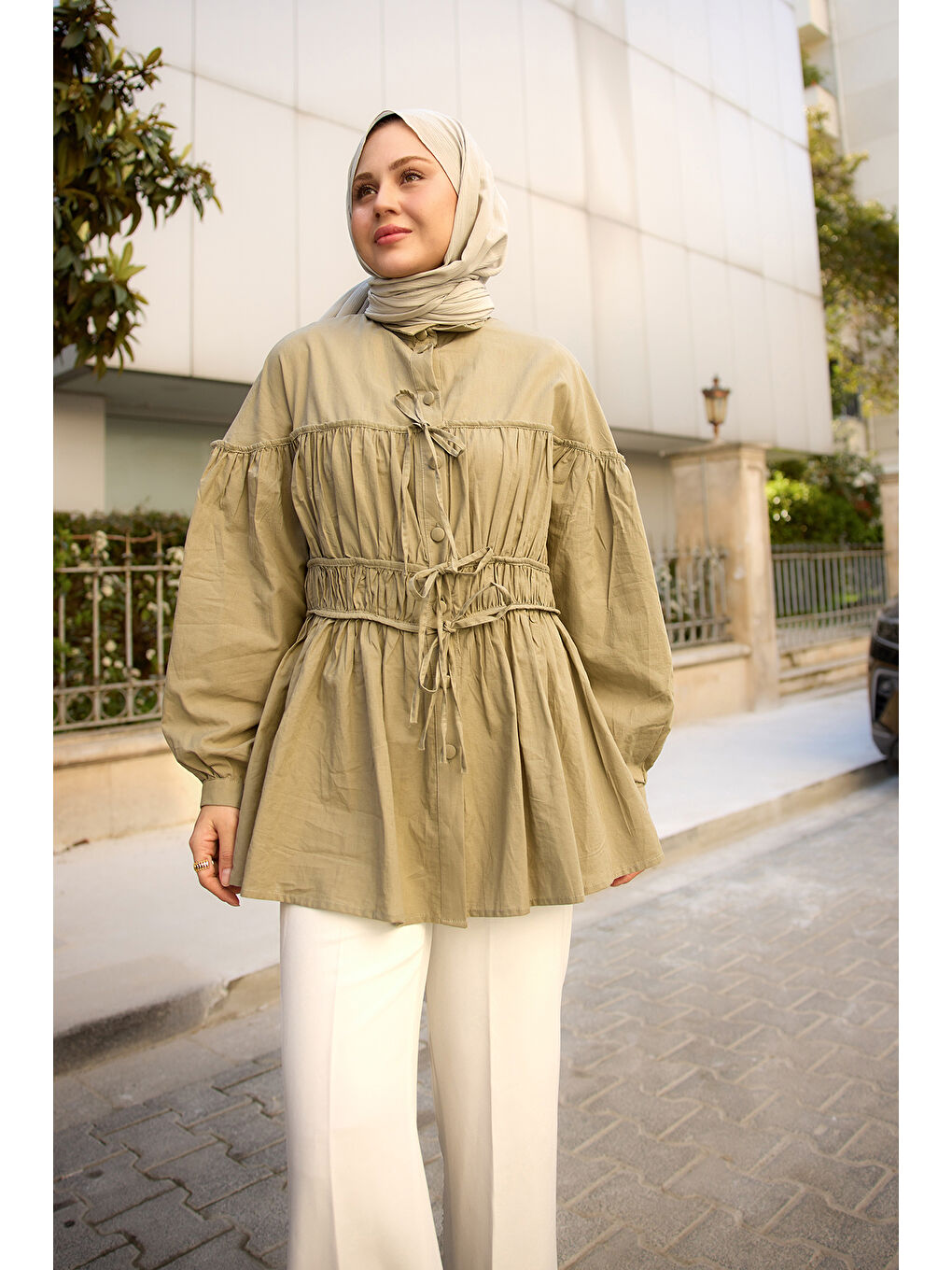 Kadın Büzgü Detaylı Vual Gömlek Küf Yeşil