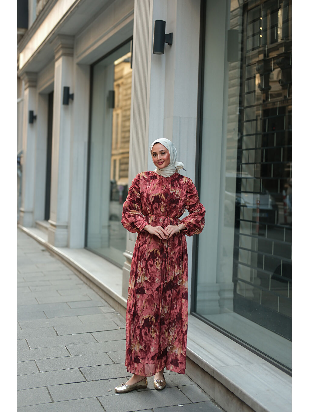 Kahverengi Kadın Empirme Desenli Dijital Elbise Kiremit-1