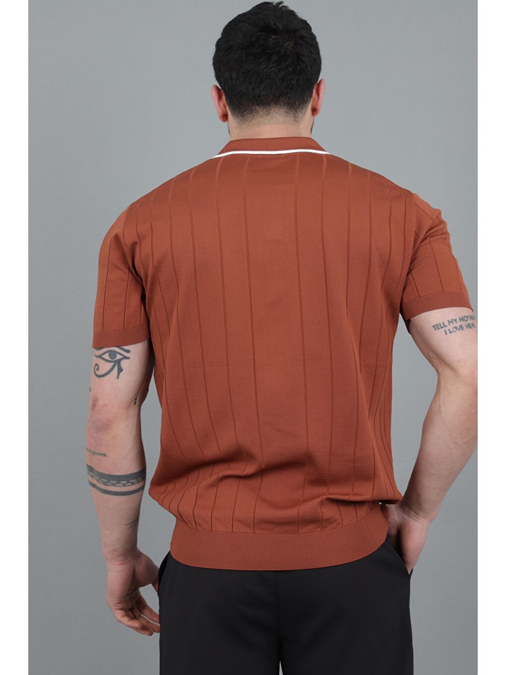 Kahverengi Apaç Yaka Çizgi Desen Tişört JRX 1003_30496-5