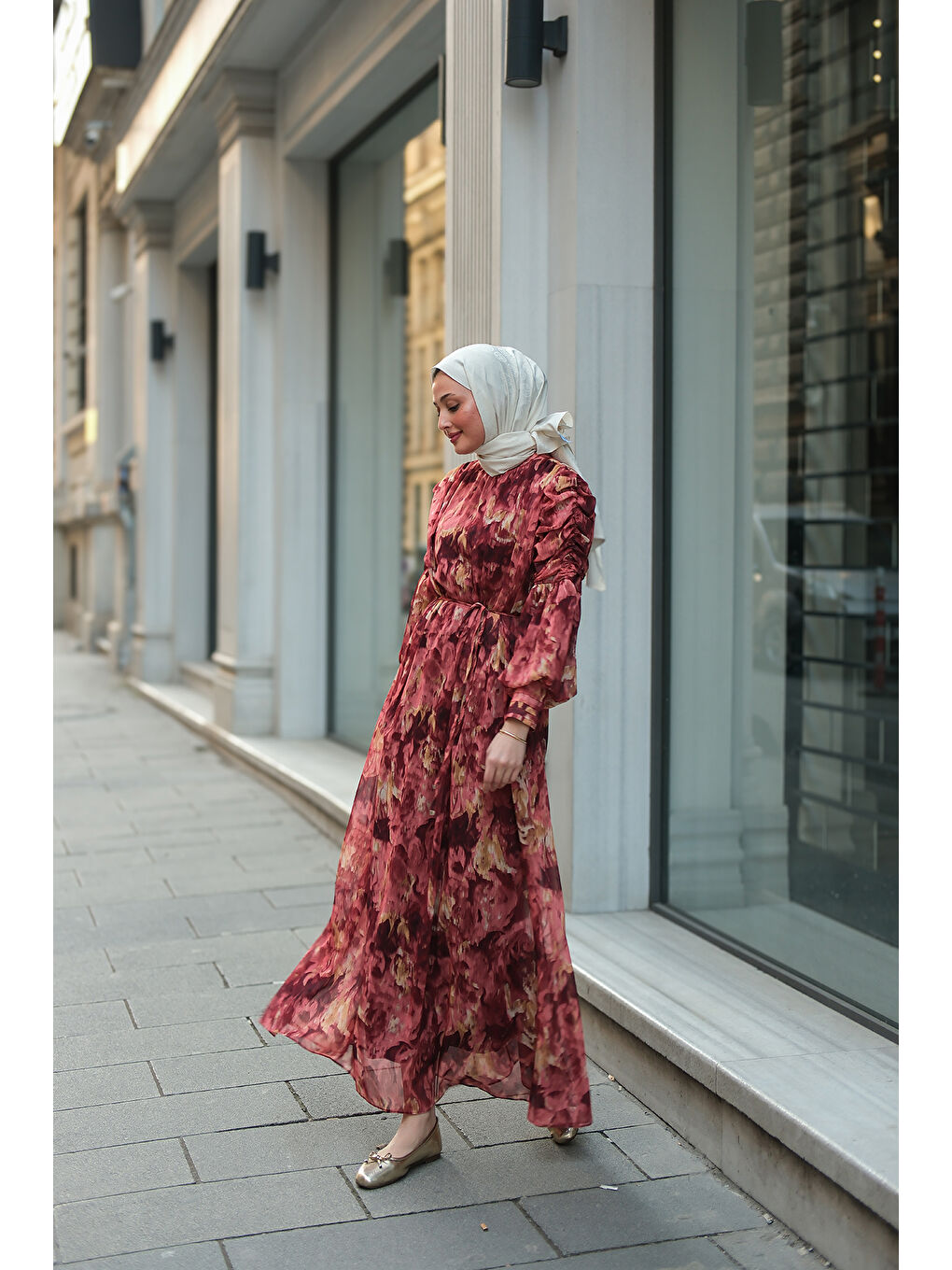 Kahverengi Kadın Empirme Desenli Dijital Elbise Kiremit-2