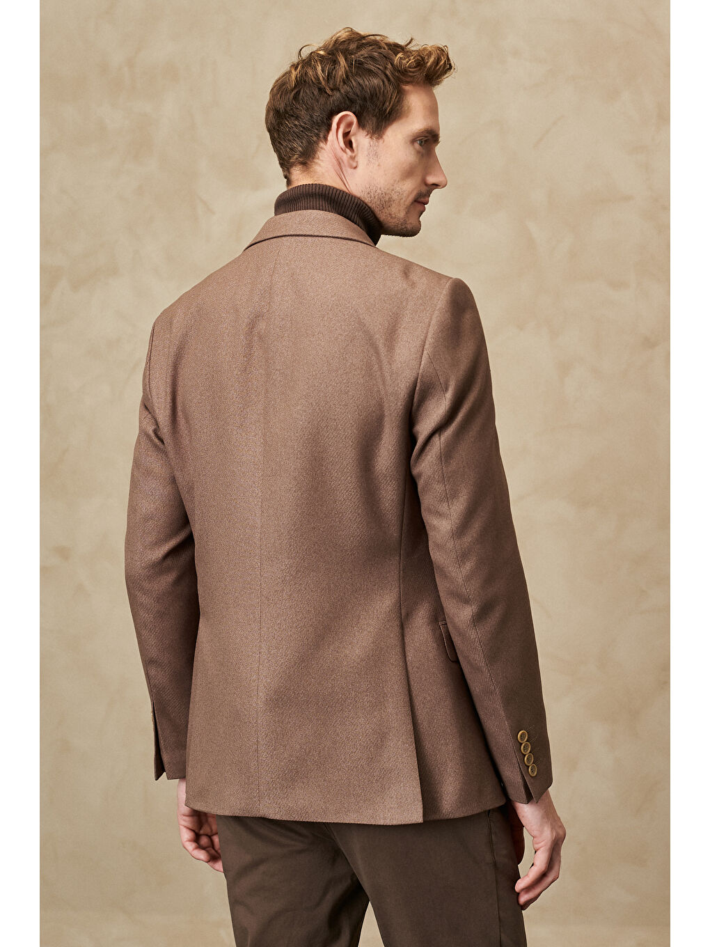 Erkek Kahverengi Slim Fit Dar Kesim Mono Yaka Diyagonal Desenli Ceket-4