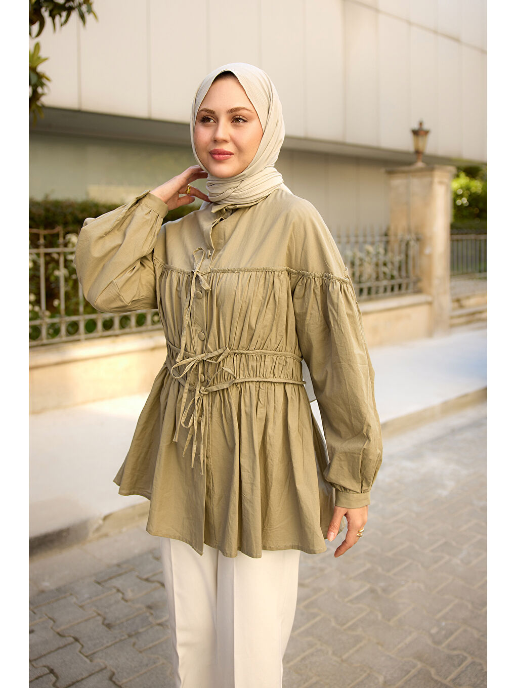 Kadın Büzgü Detaylı Vual Gömlek Küf Yeşil-1