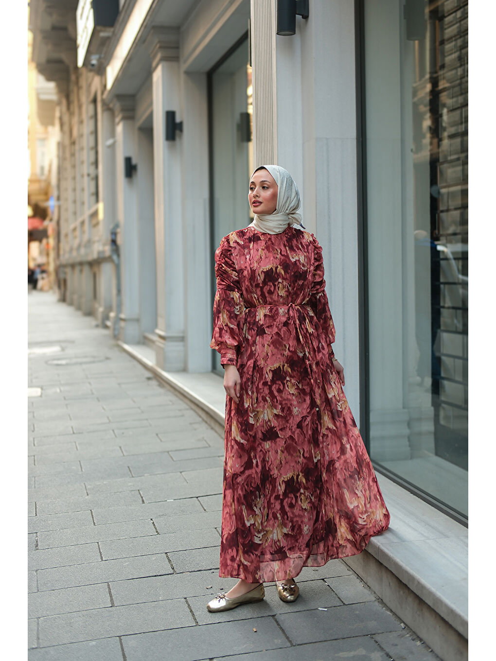 Kahverengi Kadın Empirme Desenli Dijital Elbise Kiremit-3