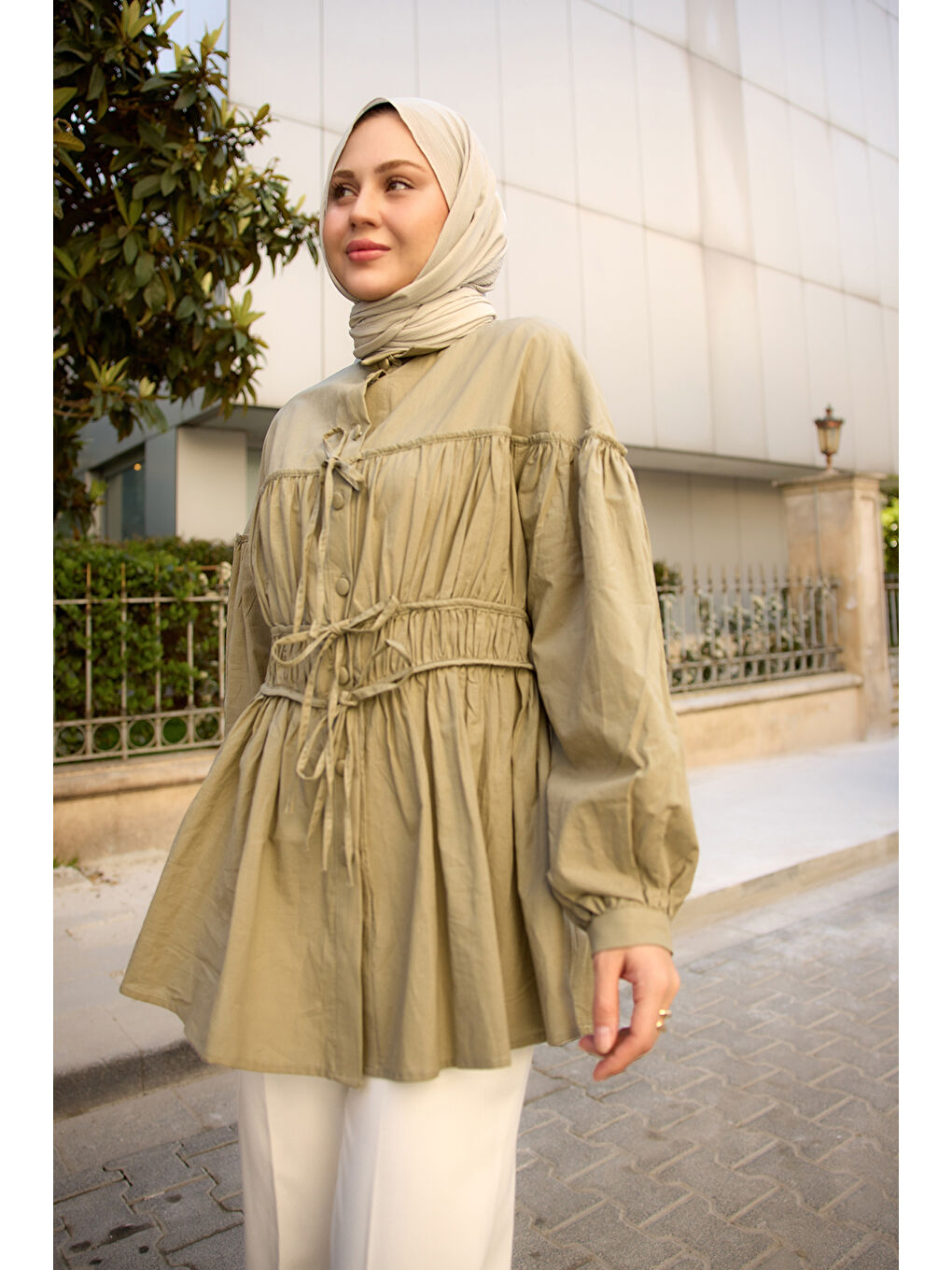 Kadın Büzgü Detaylı Vual Gömlek Küf Yeşil-2