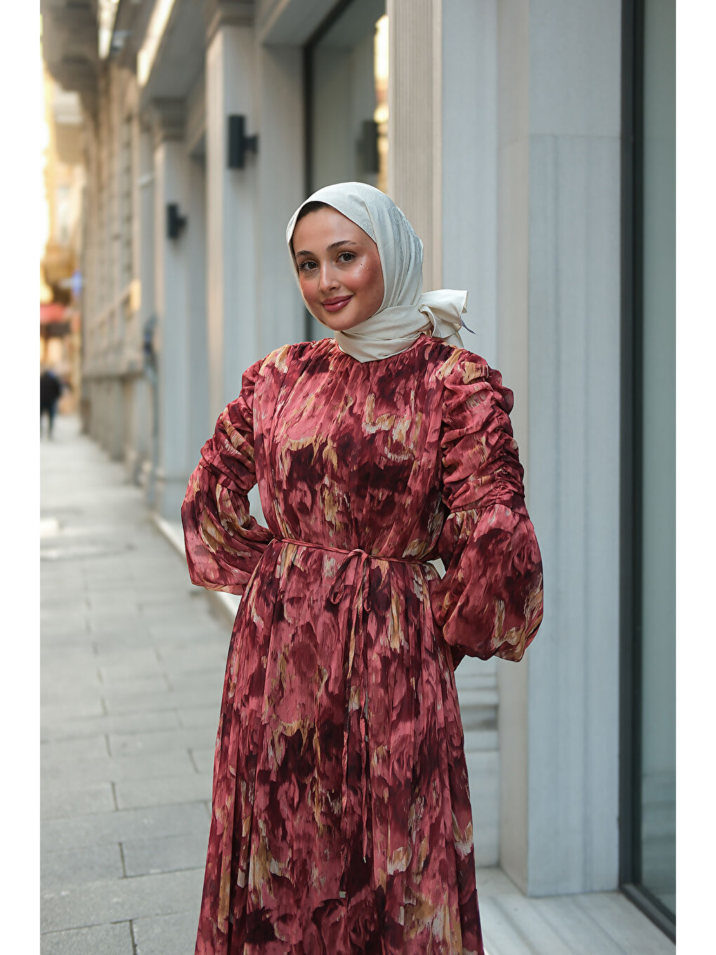 Kahverengi Kadın Empirme Desenli Dijital Elbise Kiremit-4