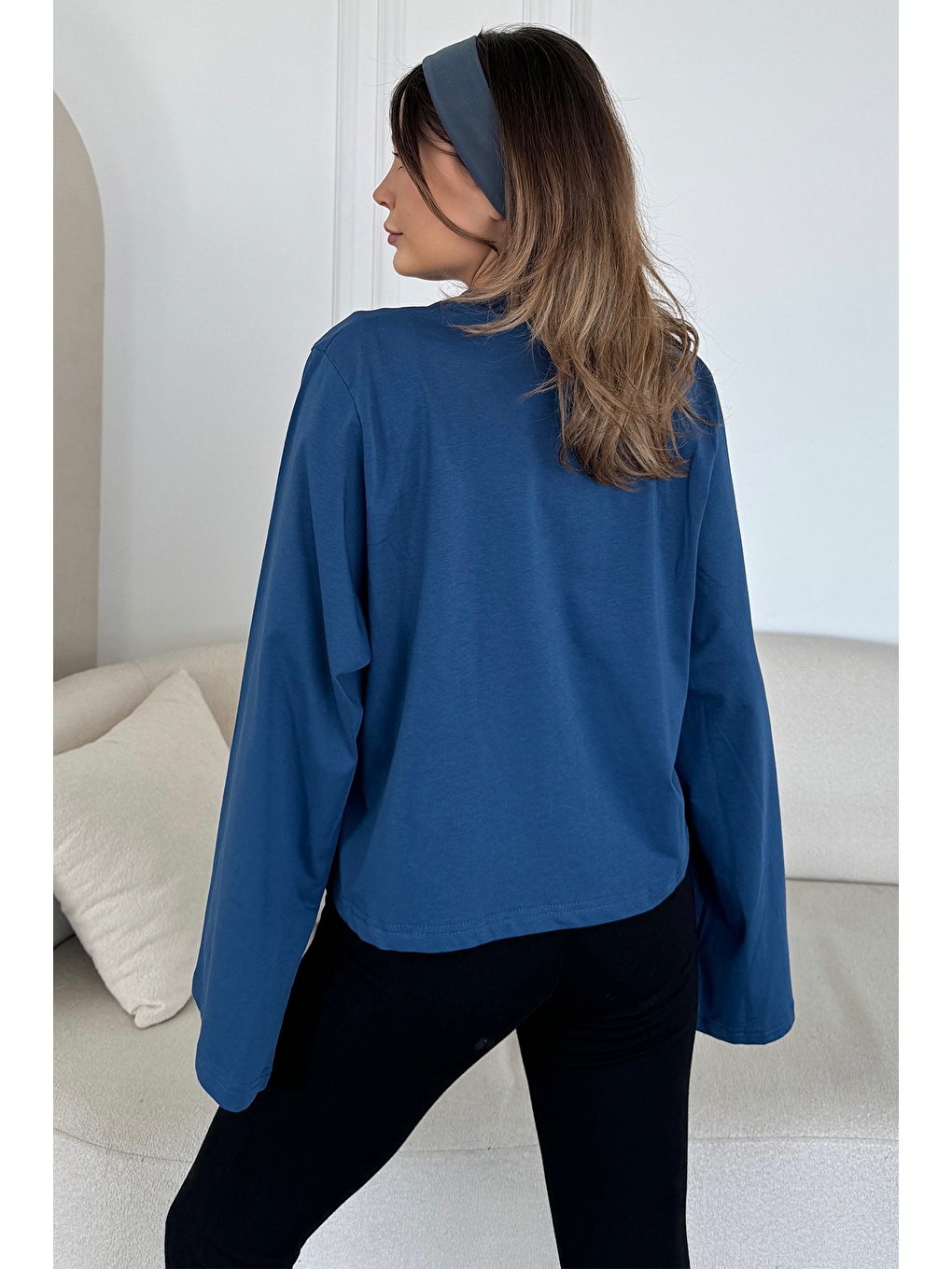 Lila Geniş Kol Oversize 2'Li Paket T-Shirt 965 İndigo/Ekru-7