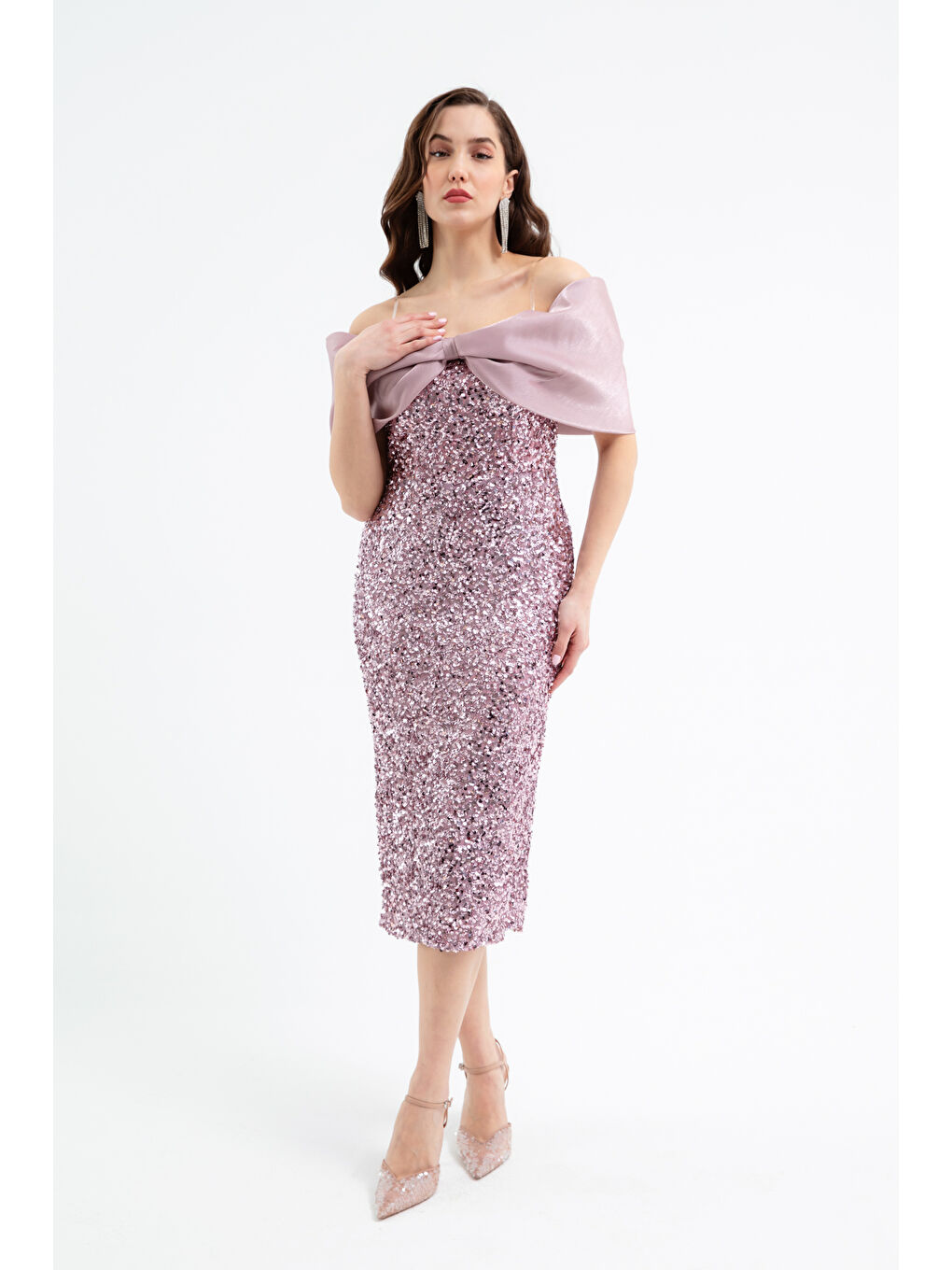 Pembe Kadın Pudra Kayık Yaka Payetli Midi Söz Nişan Nikah Abiye Elbise