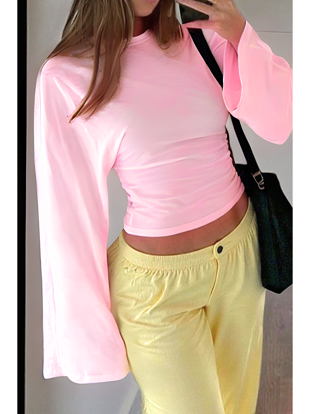 Pembe Kadın Uzun Kollu Belden Oturtmalı Bluz