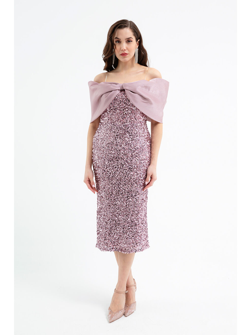 Pembe Kadın Pudra Kayık Yaka Payetli Midi Söz Nişan Nikah Abiye Elbise-1