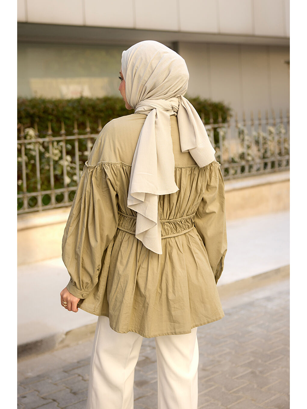 Kadın Büzgü Detaylı Vual Gömlek Küf Yeşil-3