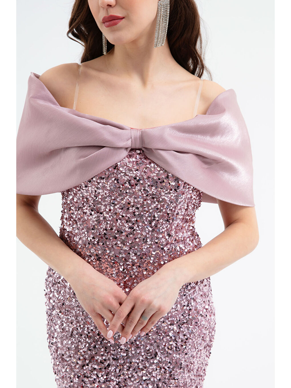 Pembe Kadın Pudra Kayık Yaka Payetli Midi Söz Nişan Nikah Abiye Elbise-3