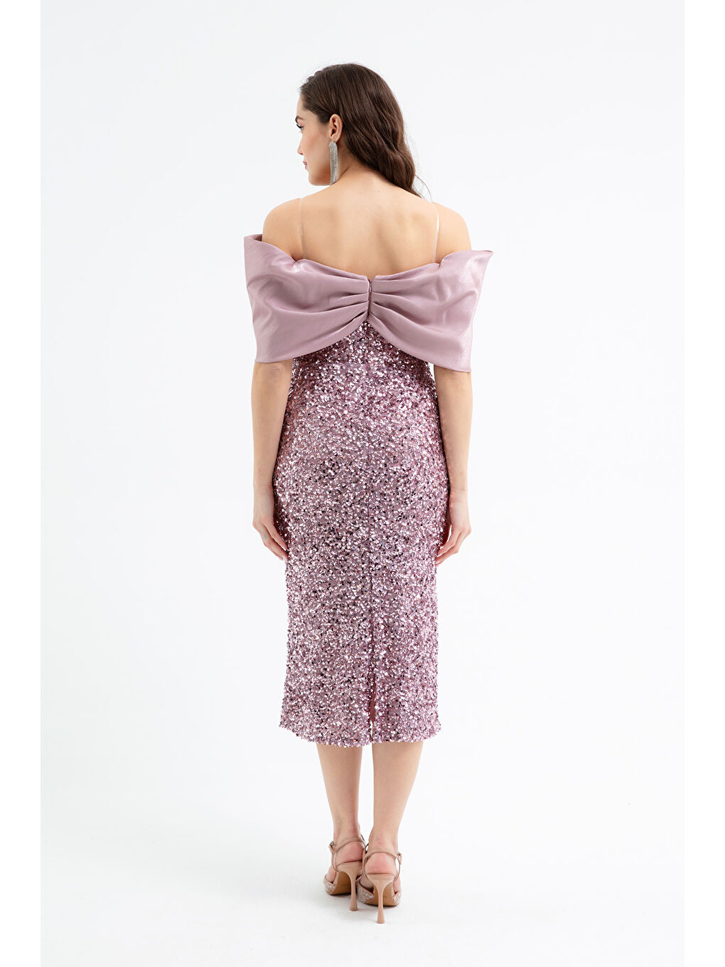 Pembe Kadın Pudra Kayık Yaka Payetli Midi Söz Nişan Nikah Abiye Elbise-4