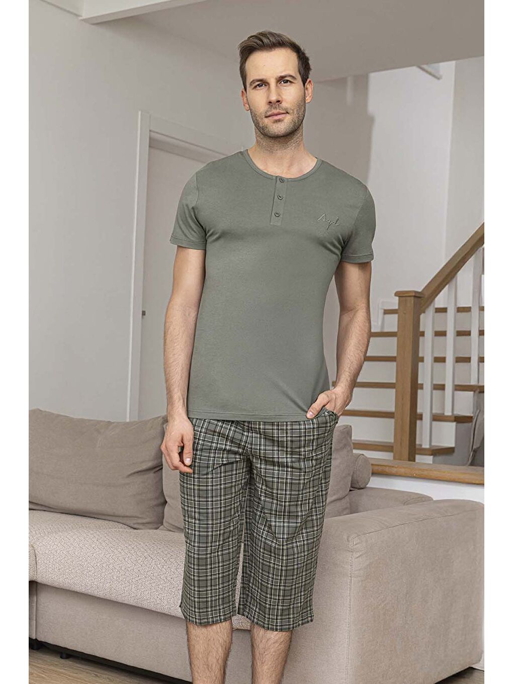 Erkek Kısa Kol Kaprili Modal Pijama Takımı 26008 Çağla Yeşili-1