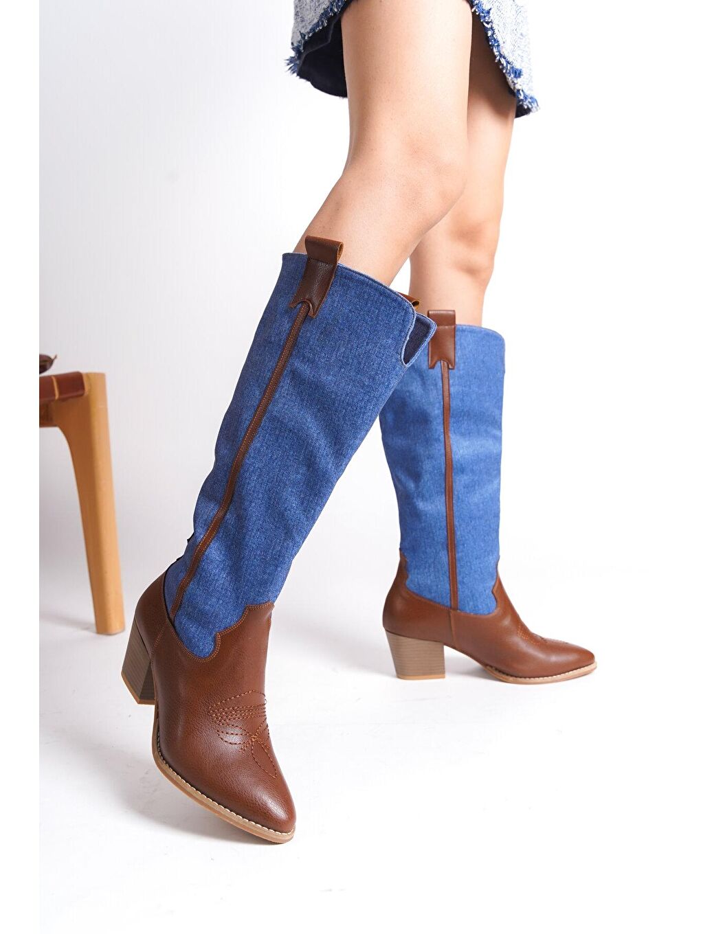 Mavi Uzun Western Kovboy Stili Kadın Çizme