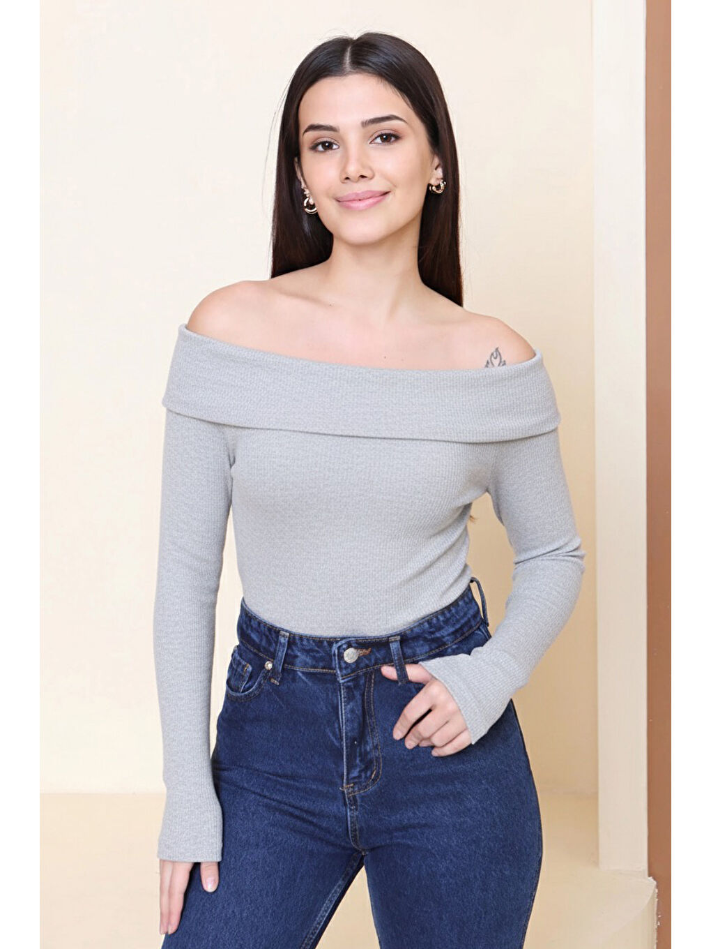 Madonna Yaka Kaşkorse Uzun kollu Bluz Gri - 27897-GRI-1