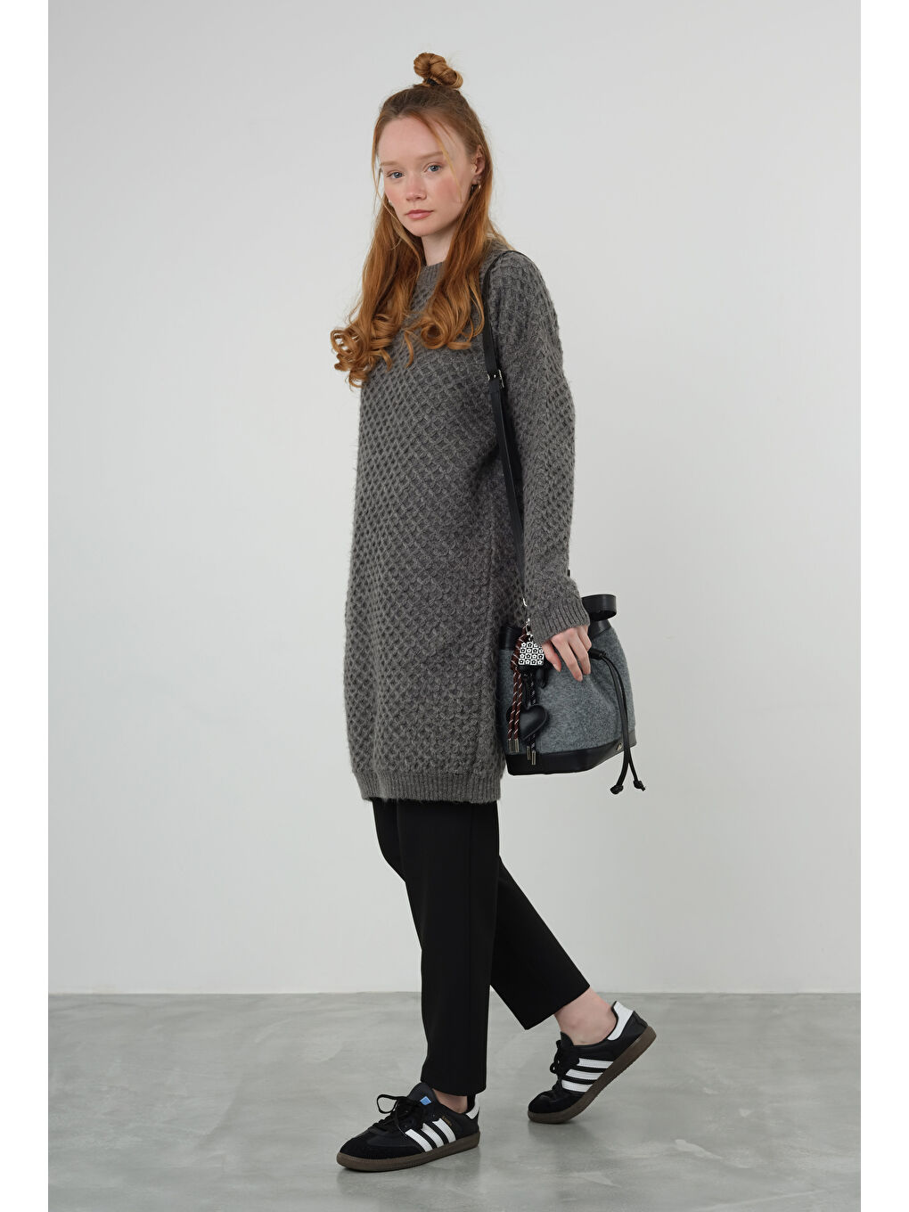 Örümcek Örgülü Kazak Uzun Antrasit-1