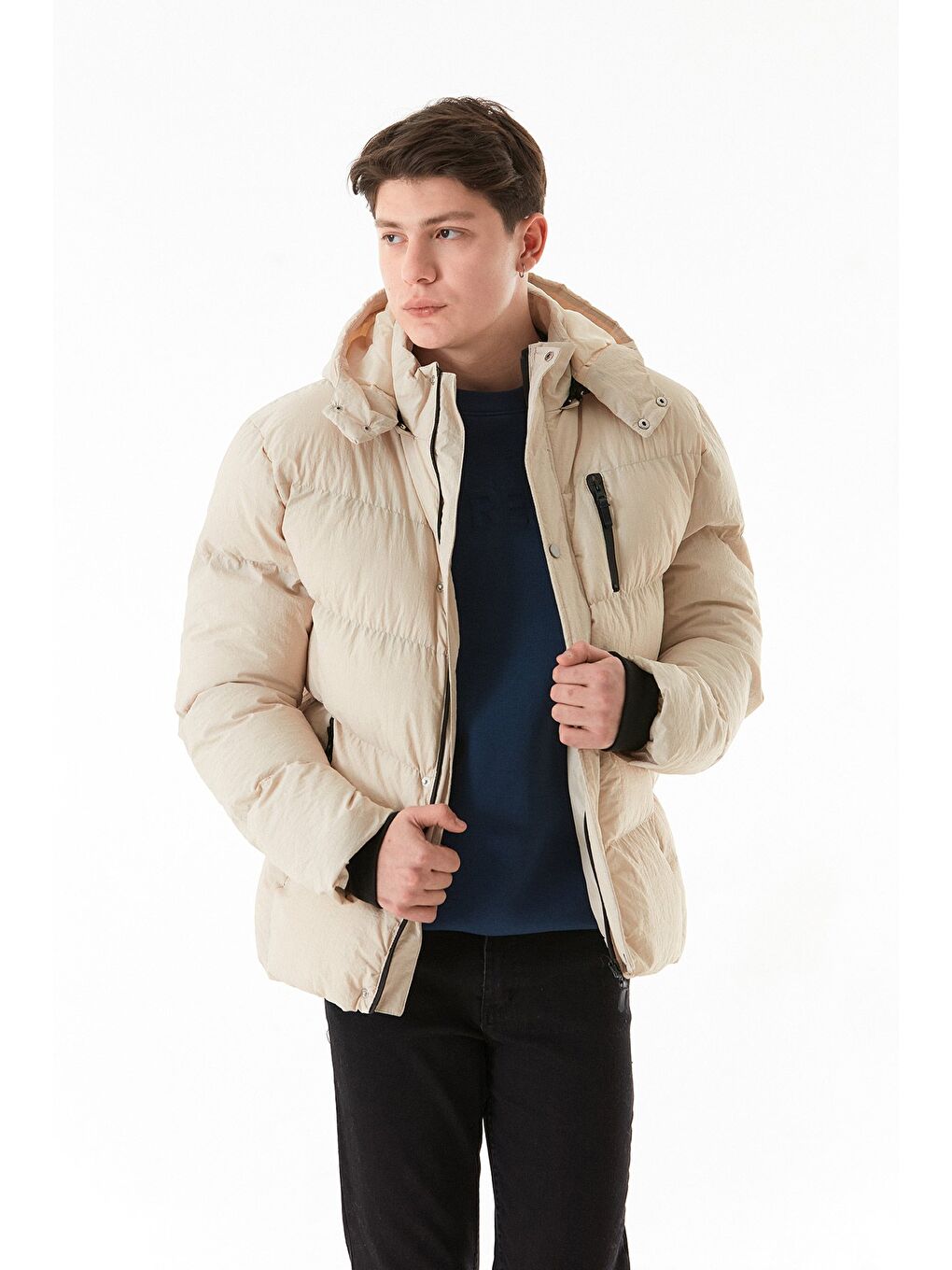 Bej Cebi Fermuarlı Çıtçıtlı Kapüşonlu Mont-1