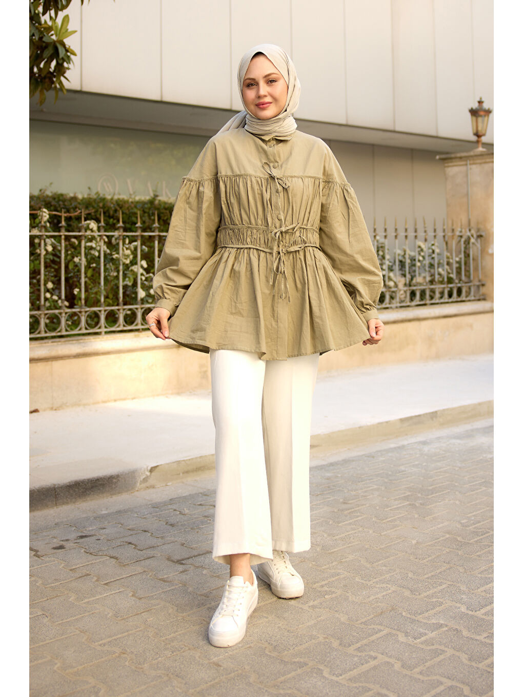 Kadın Büzgü Detaylı Vual Gömlek Küf Yeşil-4