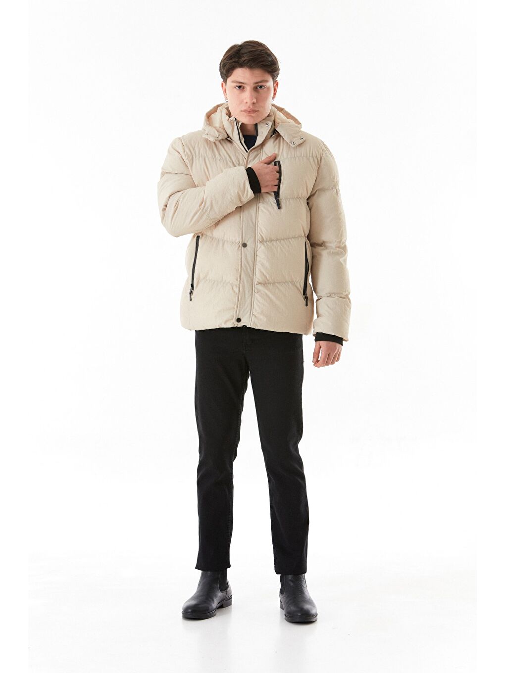 Bej Cebi Fermuarlı Çıtçıtlı Kapüşonlu Mont-3