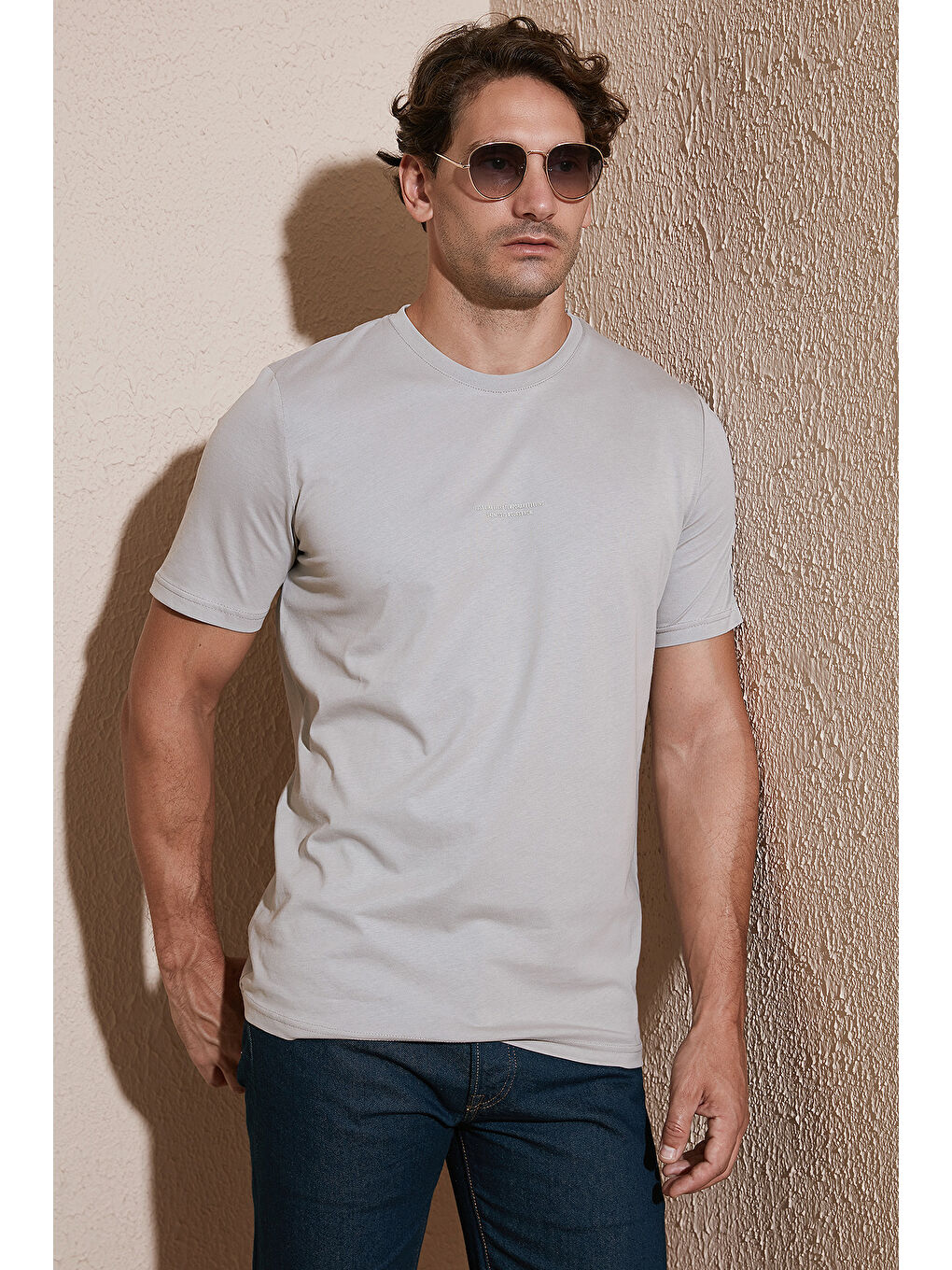 Gri Pamuklu Baskılı Regular Fit Bisiklet Yaka %100 Pamuk Tişört 59020205-1