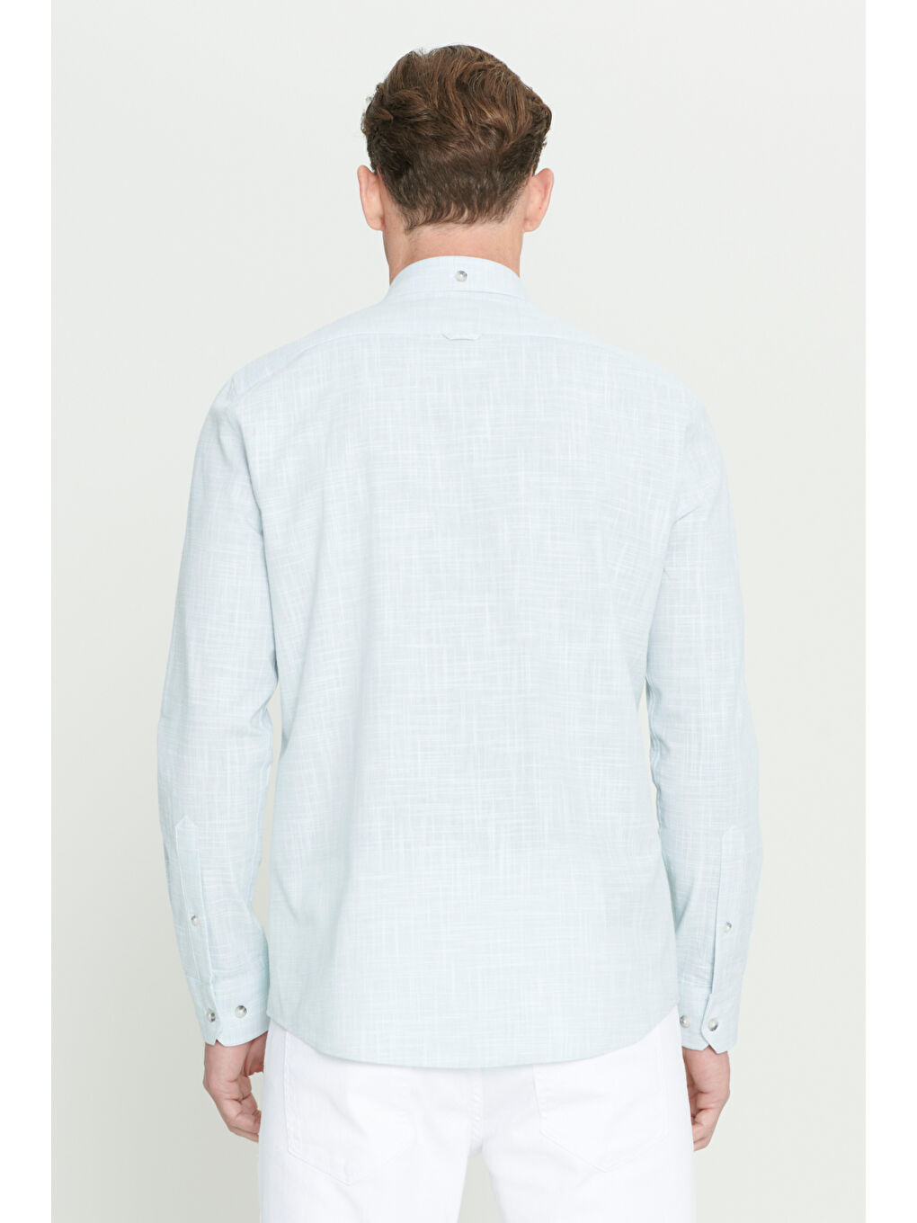 Erkek Haki Slim Fit Dar Kesim Düğmeli Yaka Keten Görünümlü %100 Pamuk Flamlı Gömlek-6