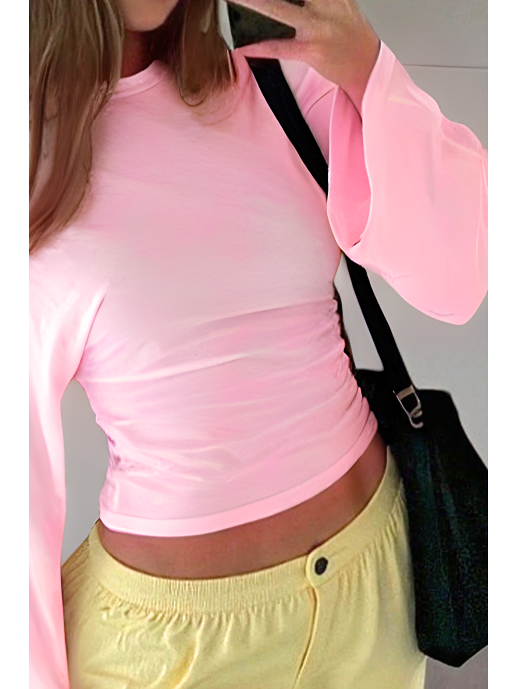 Pembe Kadın Uzun Kollu Belden Oturtmalı Bluz-1