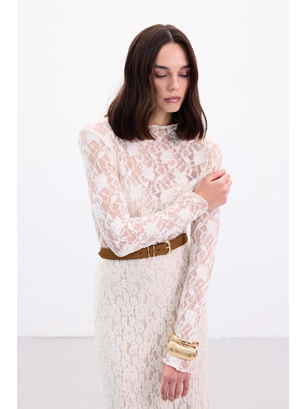 Transparan Dantel Bluz - Bej