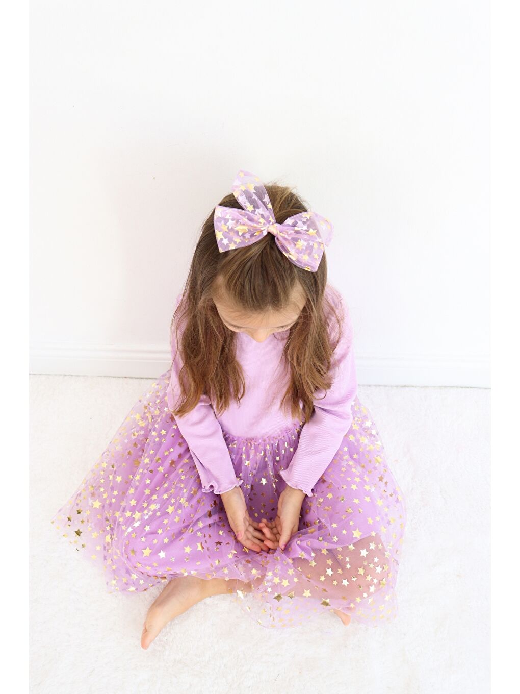 Lila  Üzeri Gold Yıldızlı Tül Kız Çocuk Klips Toka-2