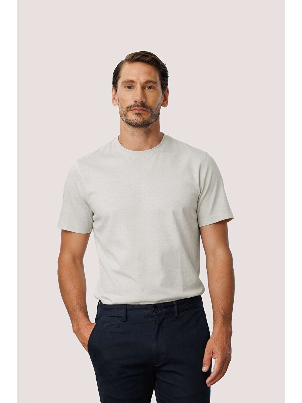 Beyaz %100 Pamuk Erkek Tişört – Bisiklet Yaka