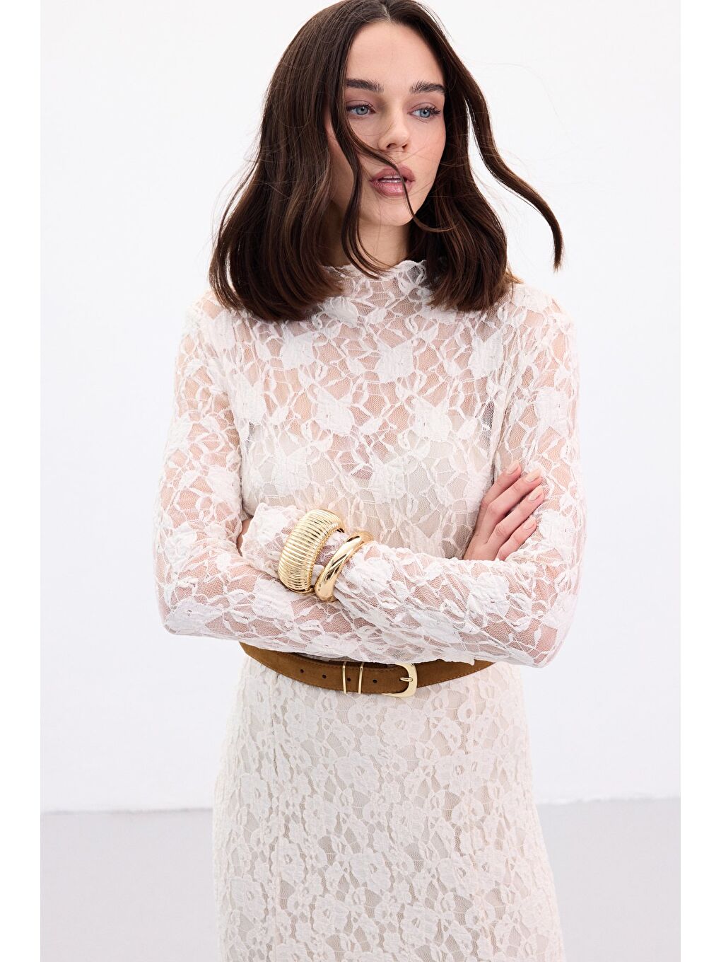 Transparan Dantel Bluz - Bej-1