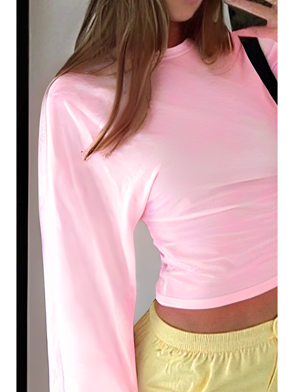 Pembe Kadın Uzun Kollu Belden Oturtmalı Bluz-2