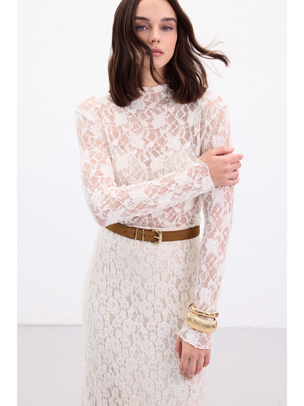 Transparan Dantel Bluz - Bej-2