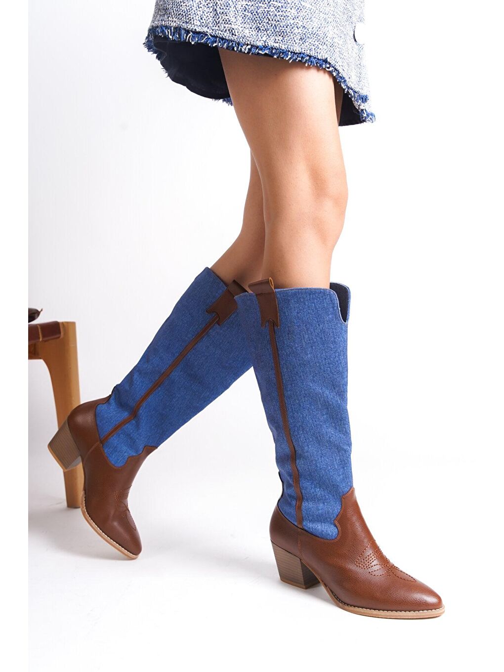Mavi Uzun Western Kovboy Stili Kadın Çizme-1