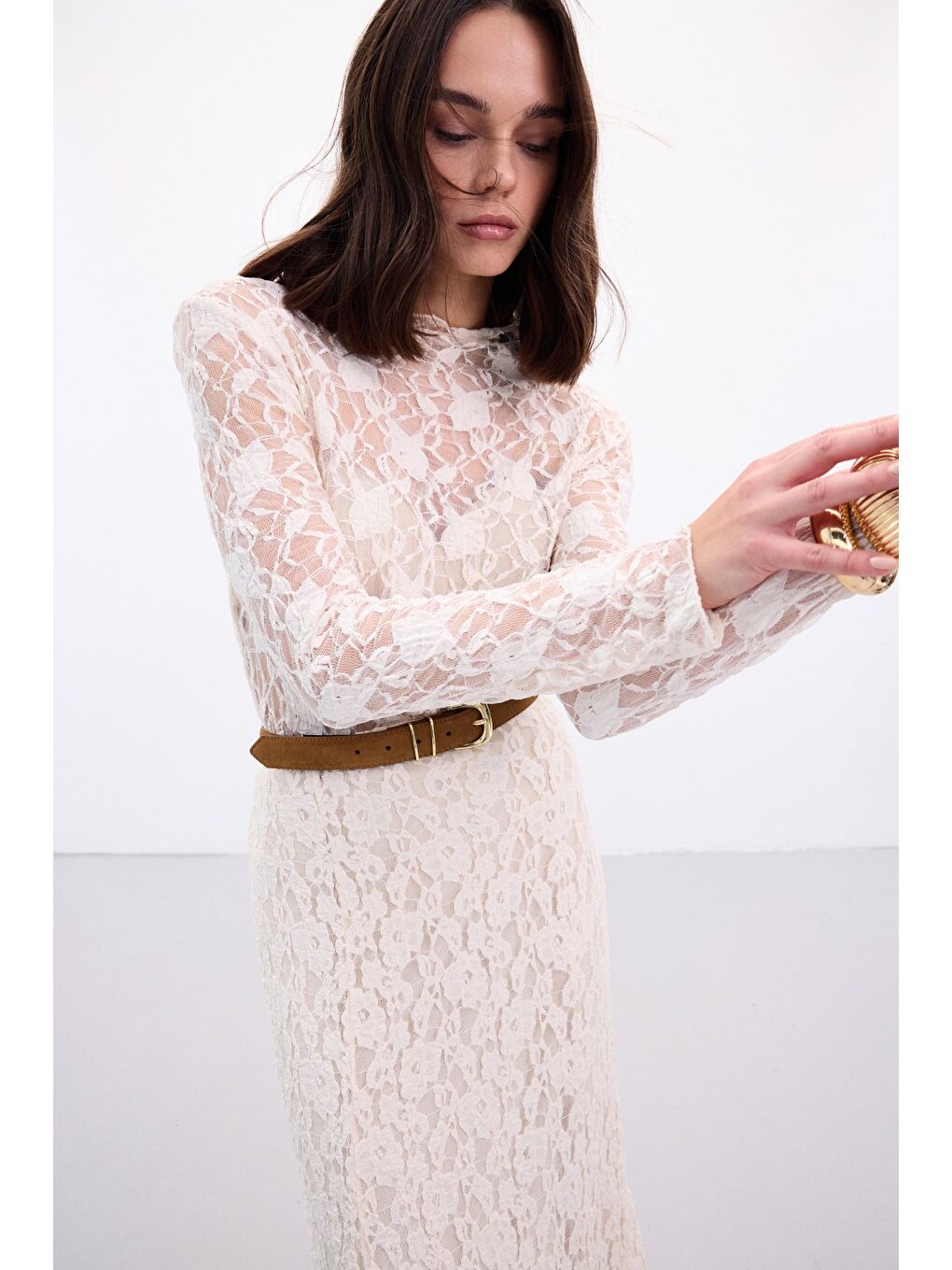 Transparan Dantel Bluz - Bej-4